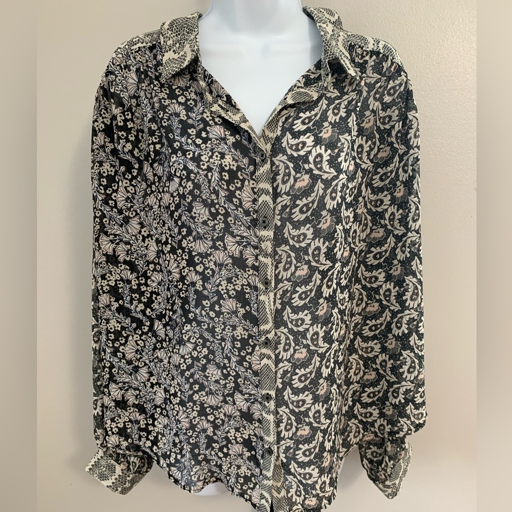 Free People Black and Cream Patterned Blouse